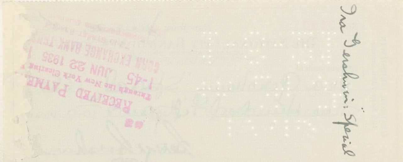 Gershwin, George - Signatures of George and Ira on a Bank Check.